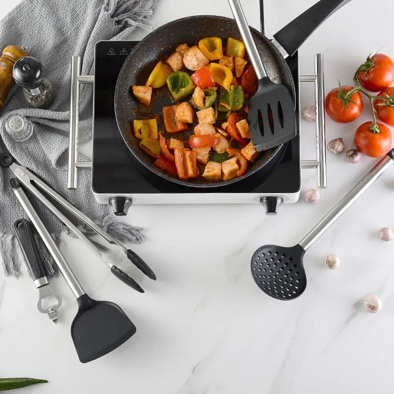 Black silicone and stainless steel kitchen utensil set with 16 pieces for cooking and baking
