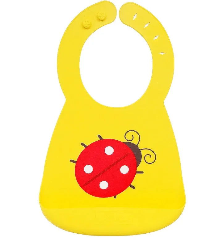 Waterproof silicone baby feeding bib with deep pocket in multiple colours, 28x21cm, on a white background