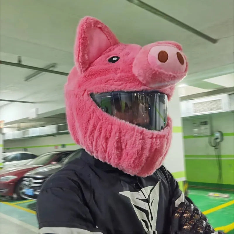 Pink pig cartoon patterned plush protective hood for motorcycle helmets in soft pv velvet cloth
