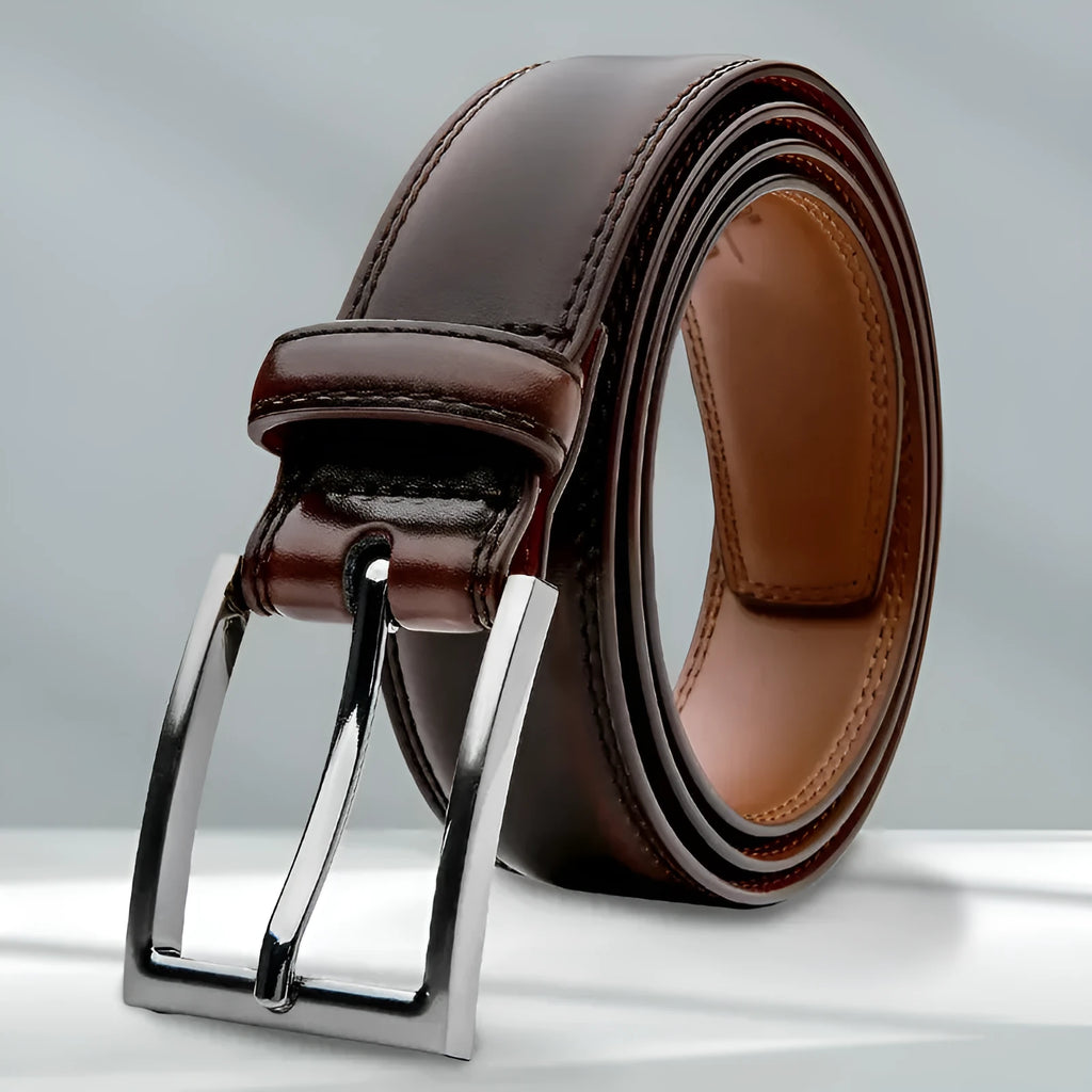 Men's genuine leather belt showing 95 grain texture with alloy buckle