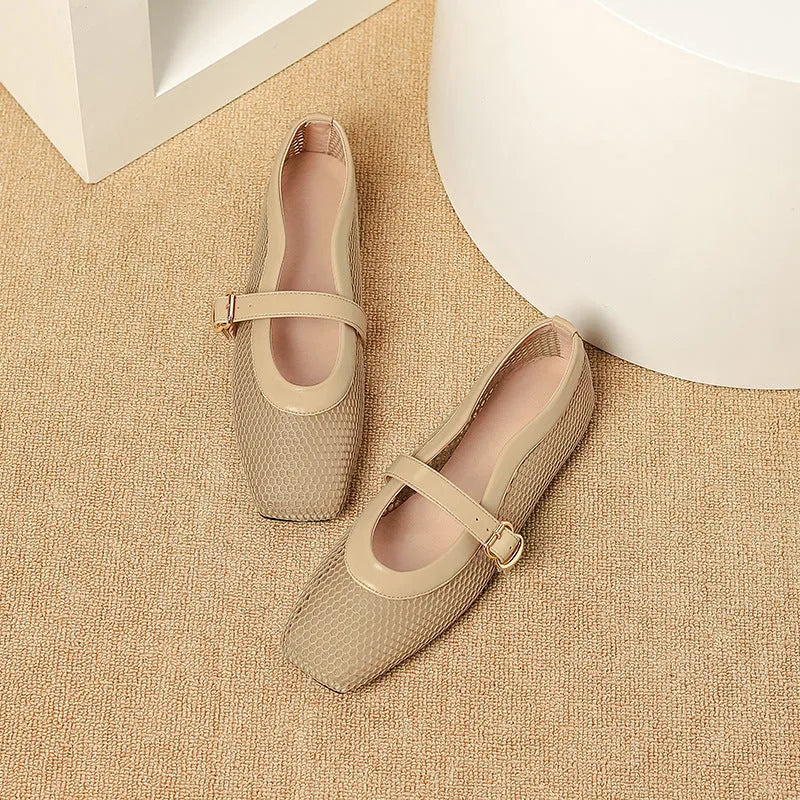 Women's low-heel mesh pump shoe in beige colour with a buckle closure and square toe.