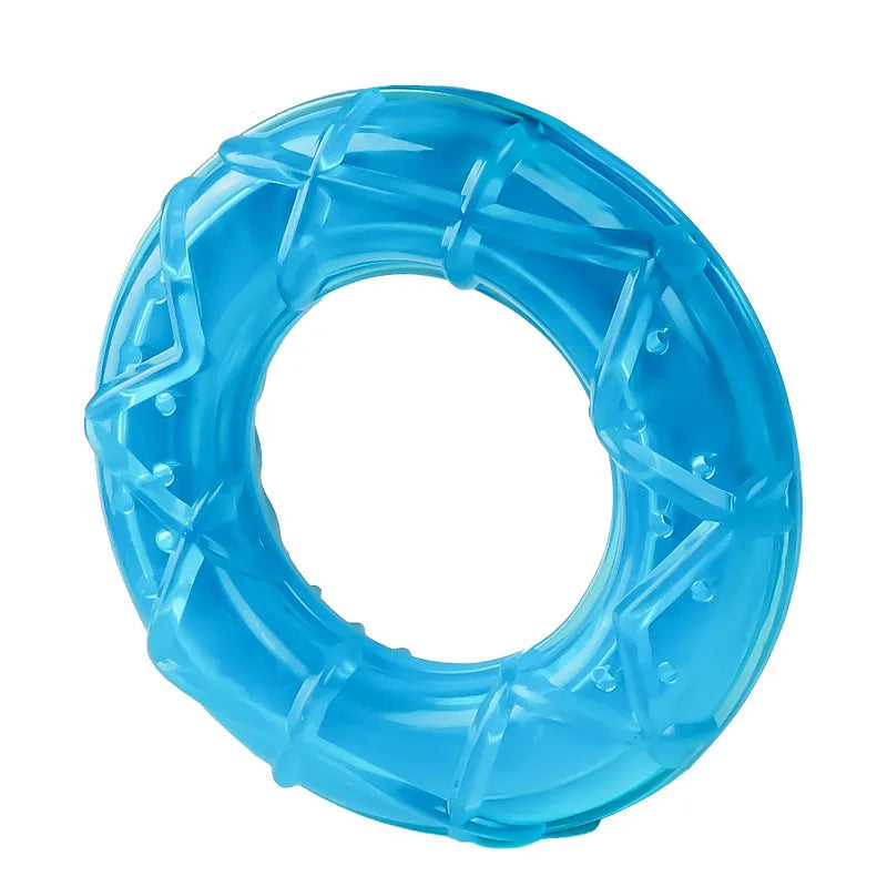 Dog cooling toy set with water-filled ice sticks and three teething toy shapes: pacifier, popsicle, and ring
