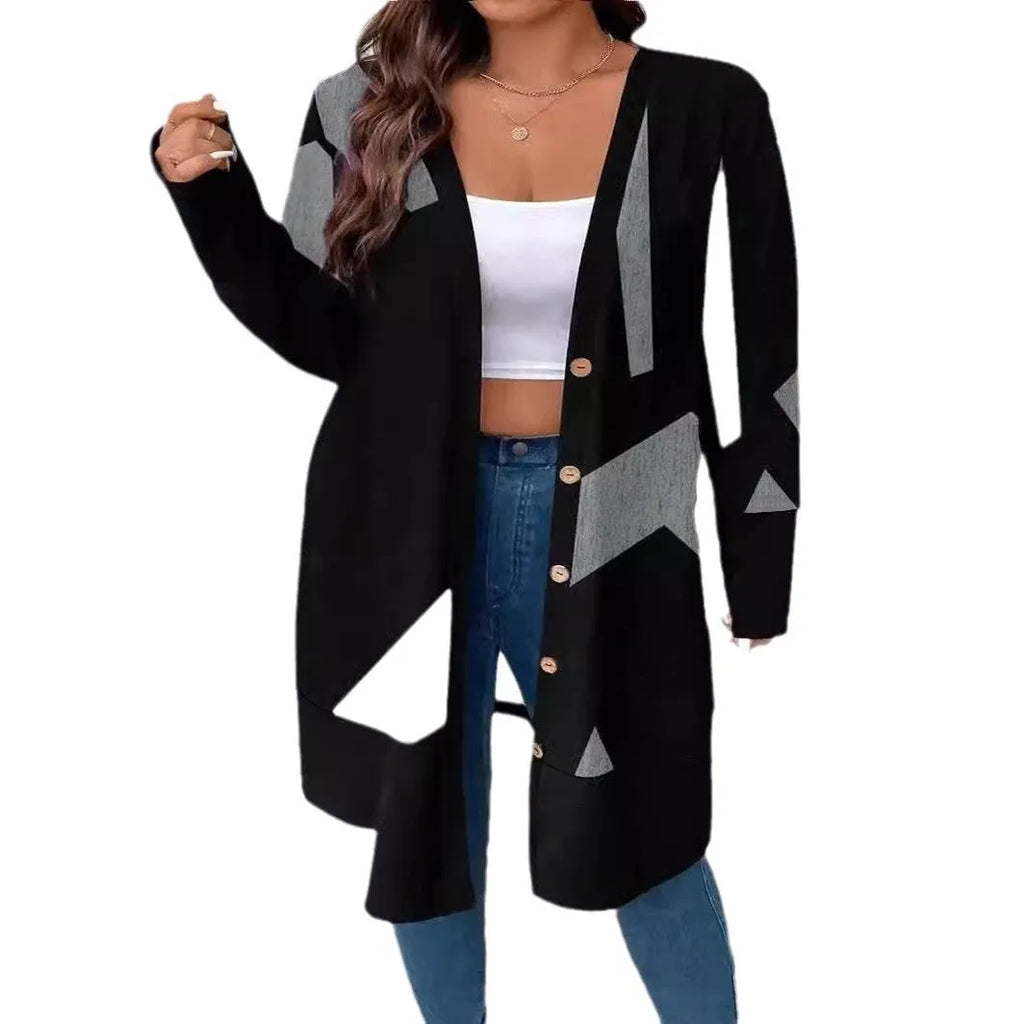 Black plus size casual cardigan with button stitching printing details and regular sleeves