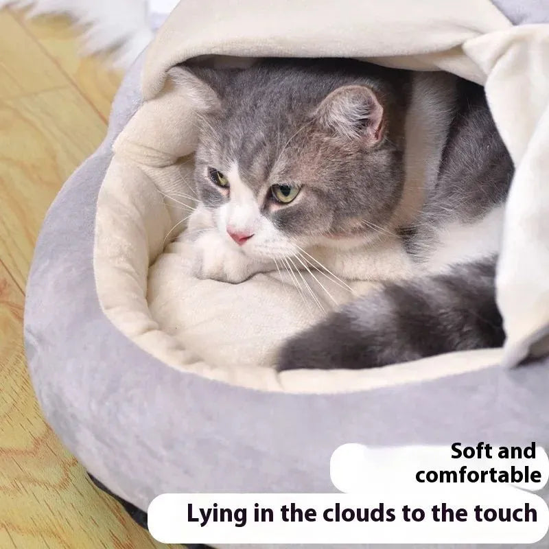 Grey curtain cat nest semi-closed winter bed short plush PP cotton 50x40cm
