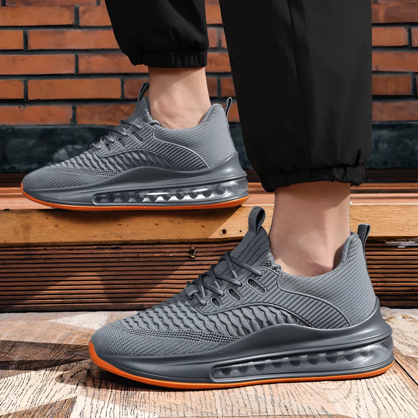 Men's black mesh running shoes with rubber sole and lace-up closure