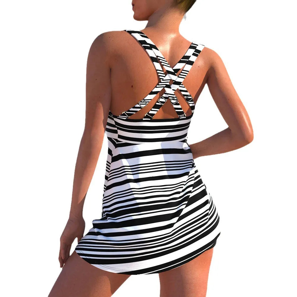 Two-piece striped bikini swimsuit with high-waist boxer bottom for women, plus sizes L to 5XL, black stripe colour