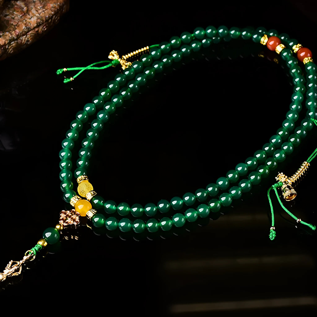 Natural green agate multi-circle bracelet on wrist, showing 8mm bead size.