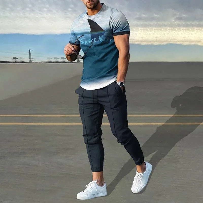 Men's short-sleeve polyester suit set showing T-shirt and trousers in printed colours