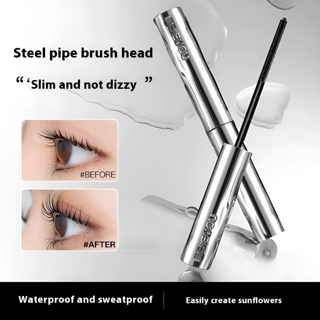 Waterproof mascara in a steel tube with choice of black or brown shade, shown with optional eyelash curler.