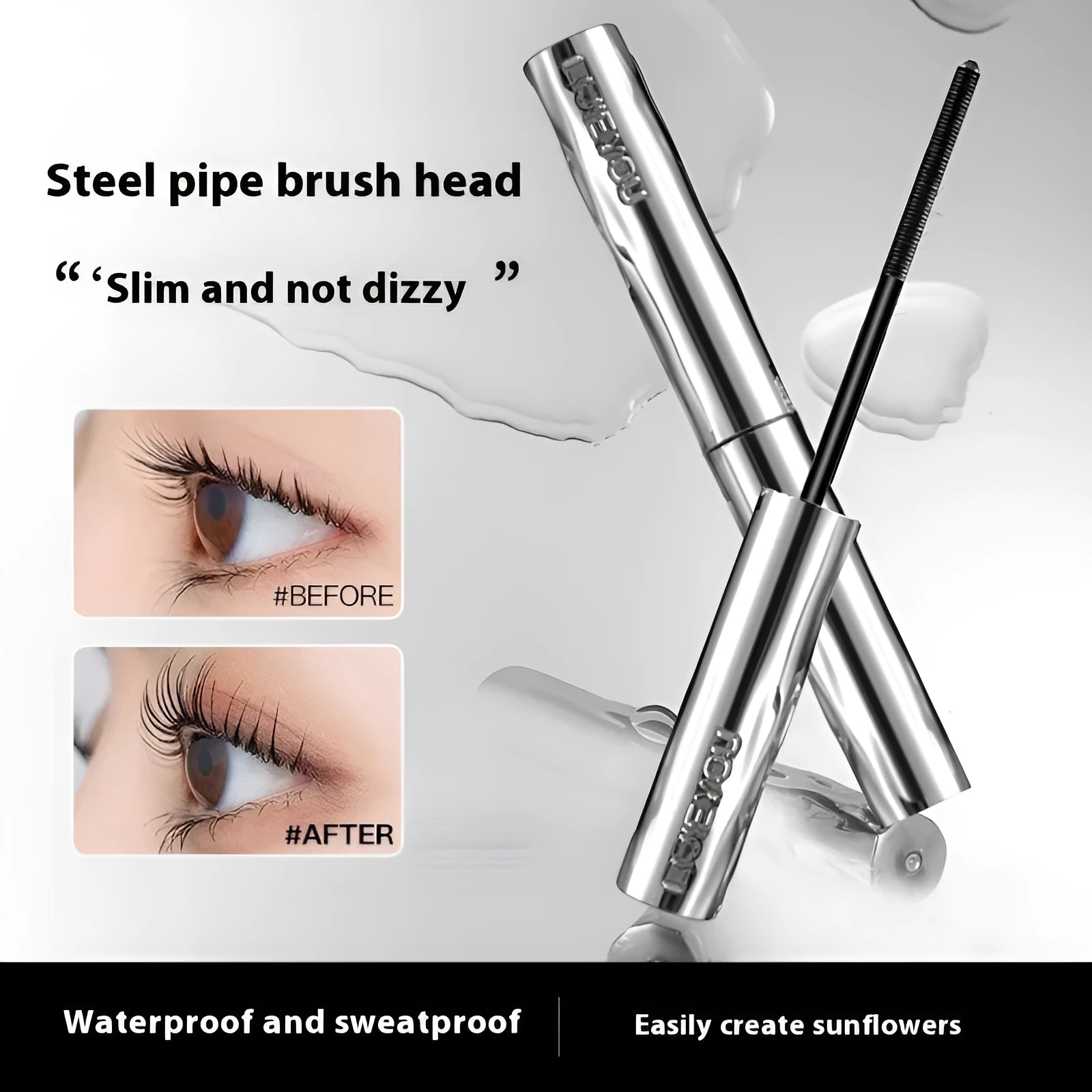 Waterproof mascara in a steel tube with choice of black or brown shade, shown with optional eyelash curler.