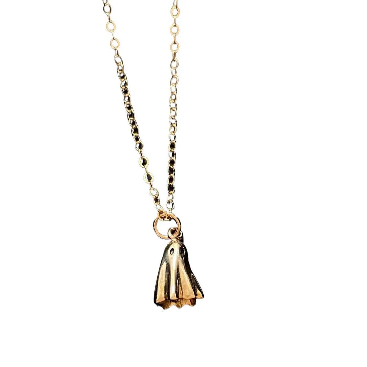 A ghost pendant necklace on a twisted stainless steel chain, showing the titanium steel electroplated pendant.
