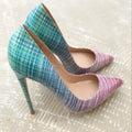 Ladies pink and blue gradient patent leather pointed toe high heels with slim heel.