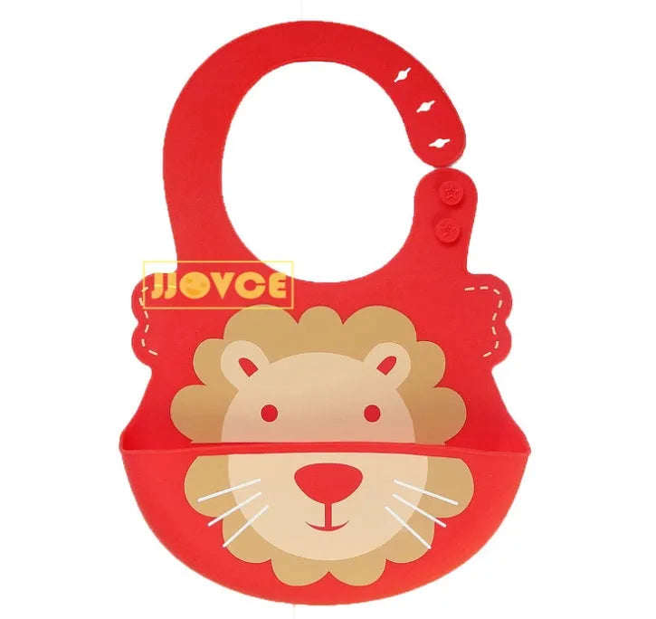 Waterproof silicone baby feeding bib with deep pocket in multiple colours, 28x21cm, on a white background