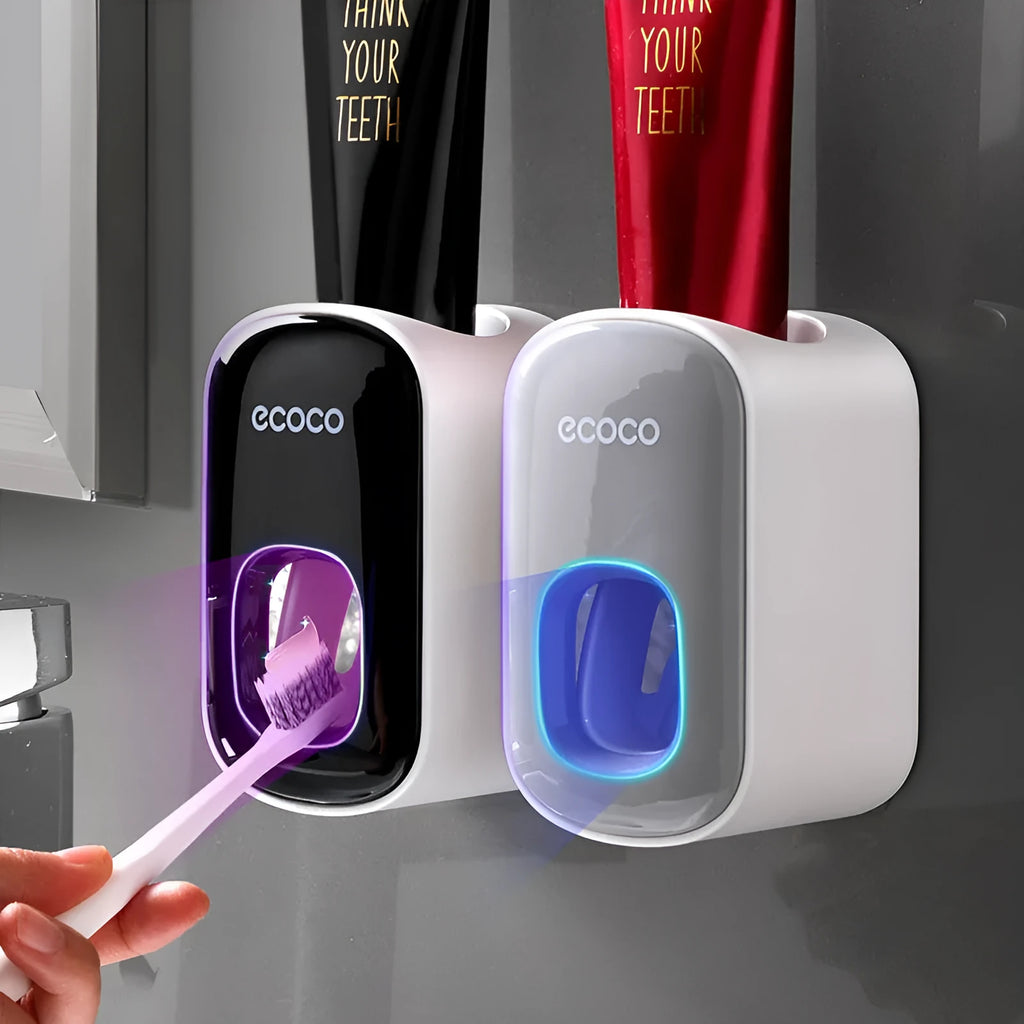 Wall mounted automatic toothpaste holder dispenser set with toothbrush slots and upside-down mouthwash cup in black plastic