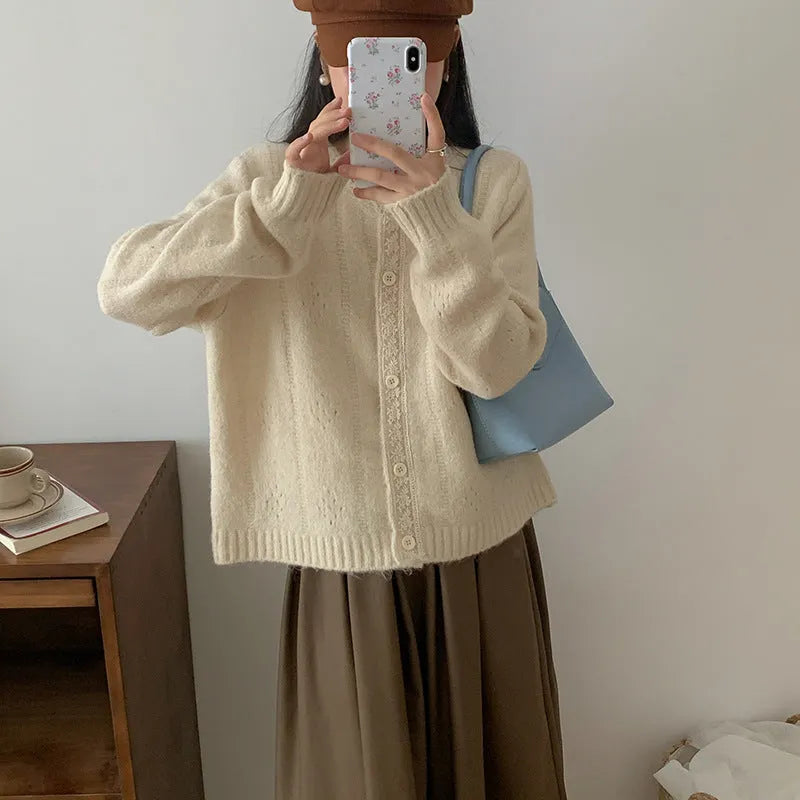 Korean artistic retro loose knitwear sweater coat in viscose fibre available in four colours