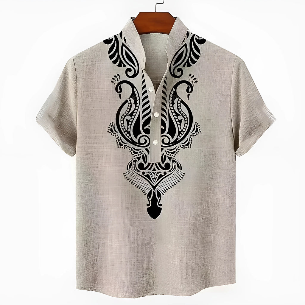 Men's loose-fit striped casual shirt in polyester linen-look fabric with button-down front