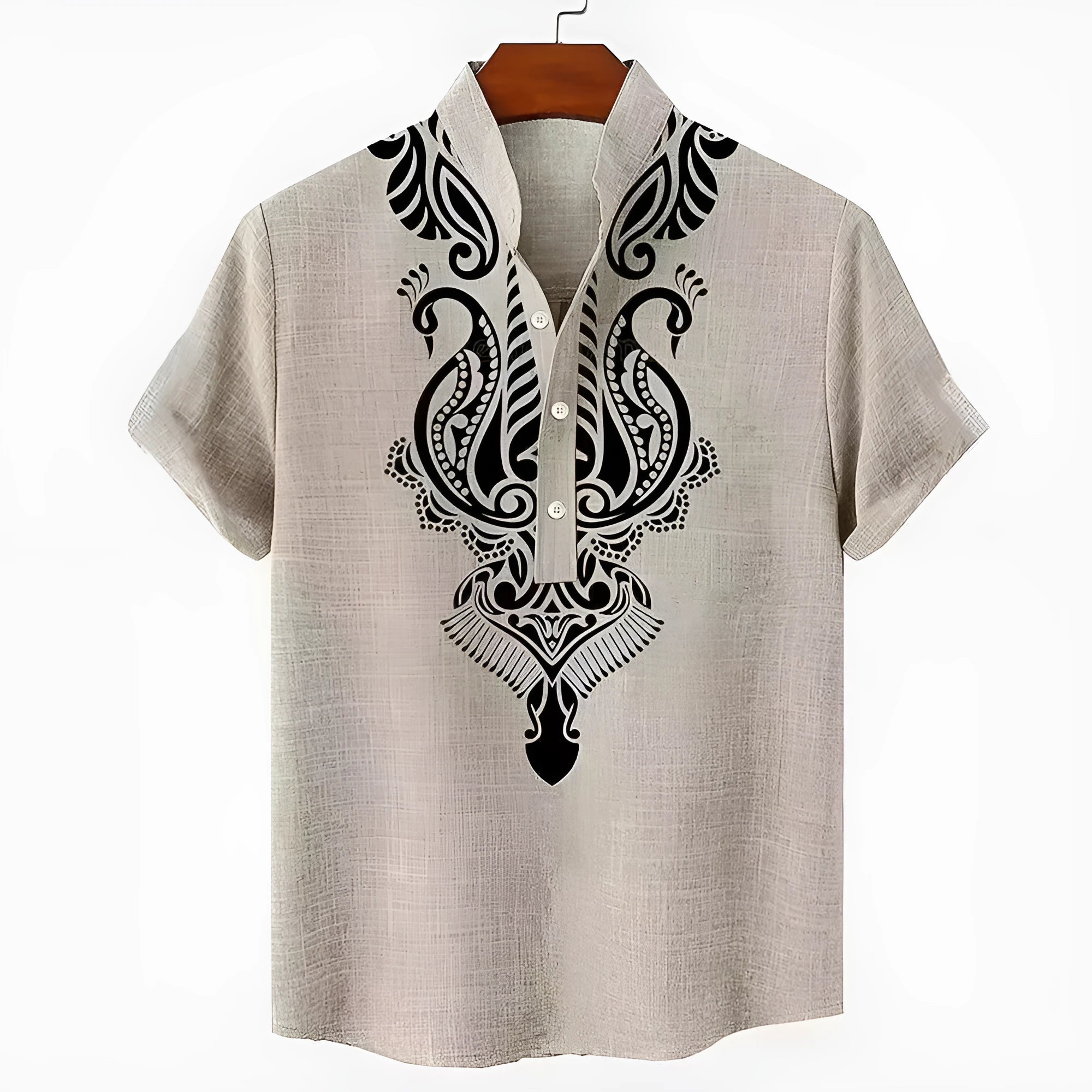 Men's loose-fit striped casual shirt in polyester linen-look fabric with button-down front