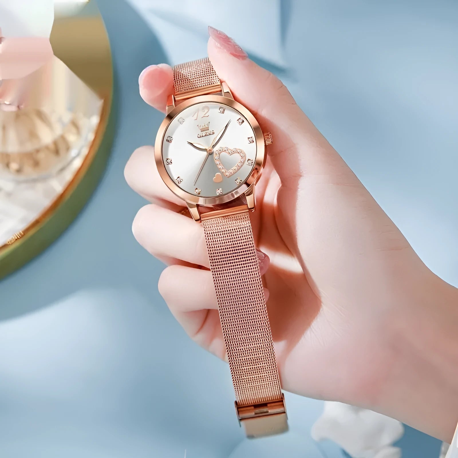 Women's fashion watch with mesh strap and rose shell alloy case in six colour options
