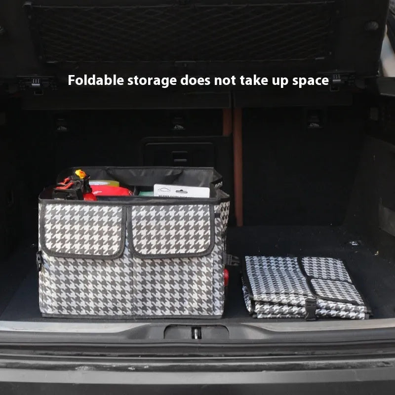 Folding Oxford cloth car storage box in black, collapsed and unfolded, showing its 56x40x26cm rectangular shape for boot organisation.
