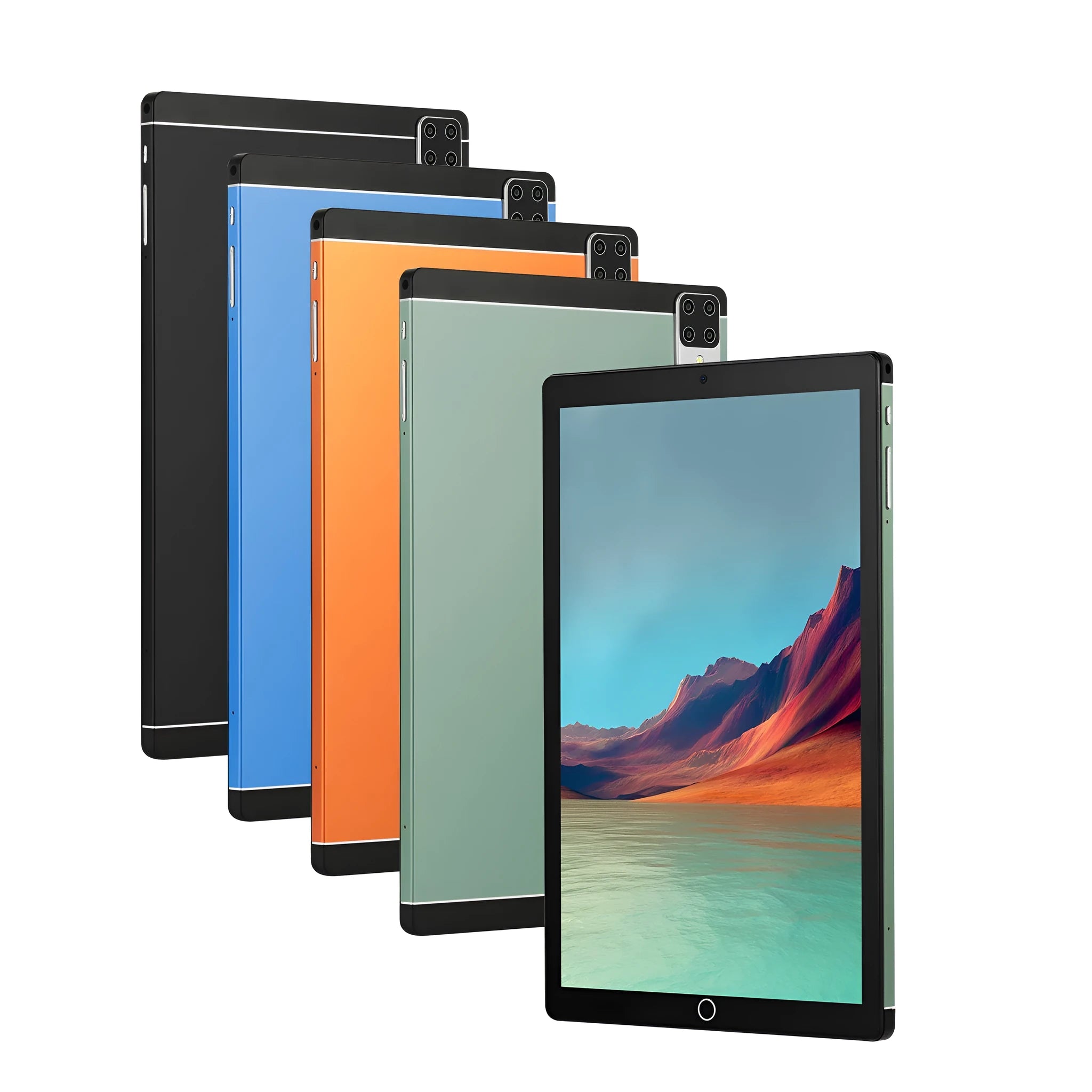 Tablet PC 16 640 Android 15 tablet with 11.6 inch screen shown in green, blue, black, or orange colour options.