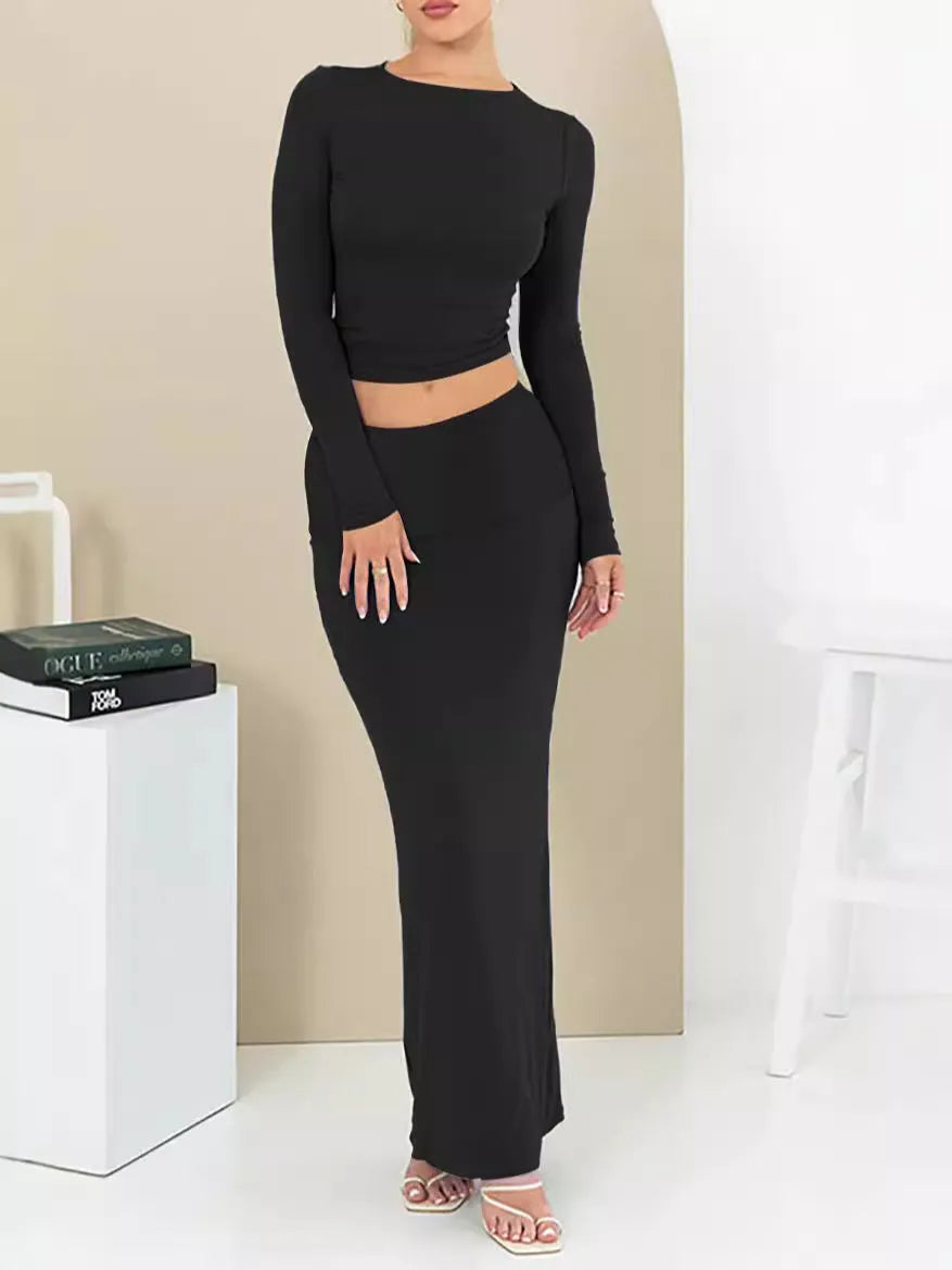 Women's autumn two-piece suit set with exposed navel design and three-quarter sleeves in polyester fabric