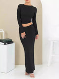 Women's autumn two-piece suit set with exposed navel design and three-quarter sleeves in polyester fabric