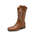 Brown women's embroidered Martin boots with mid-calf length, square heel, and round toe