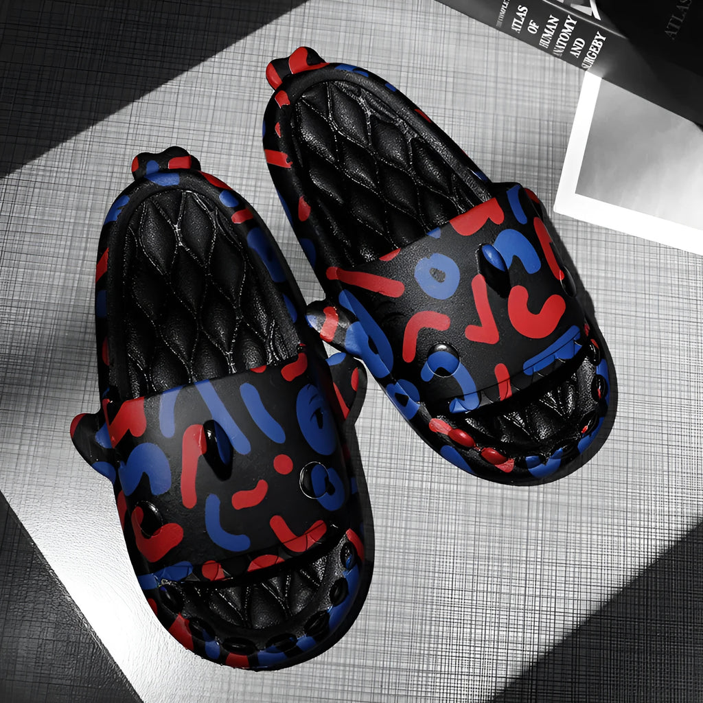 Shark design open-toe EVA foam couple slippers in beige colour, shown in a pair.