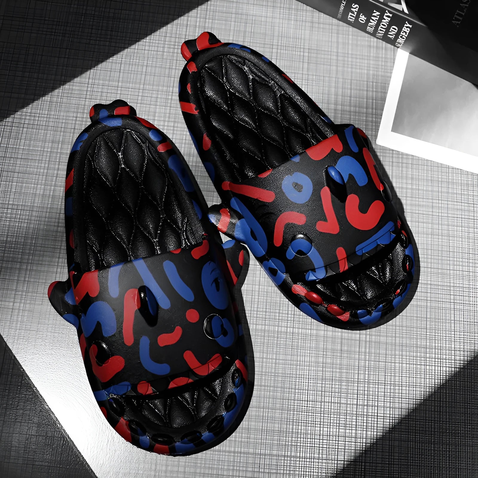 Shark design open-toe EVA foam couple slippers in beige colour, shown in a pair.