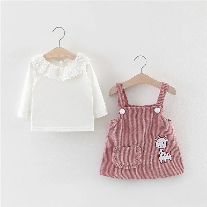 Baby girl two-piece cotton suspenders dress set in yellow with cartoon animal print