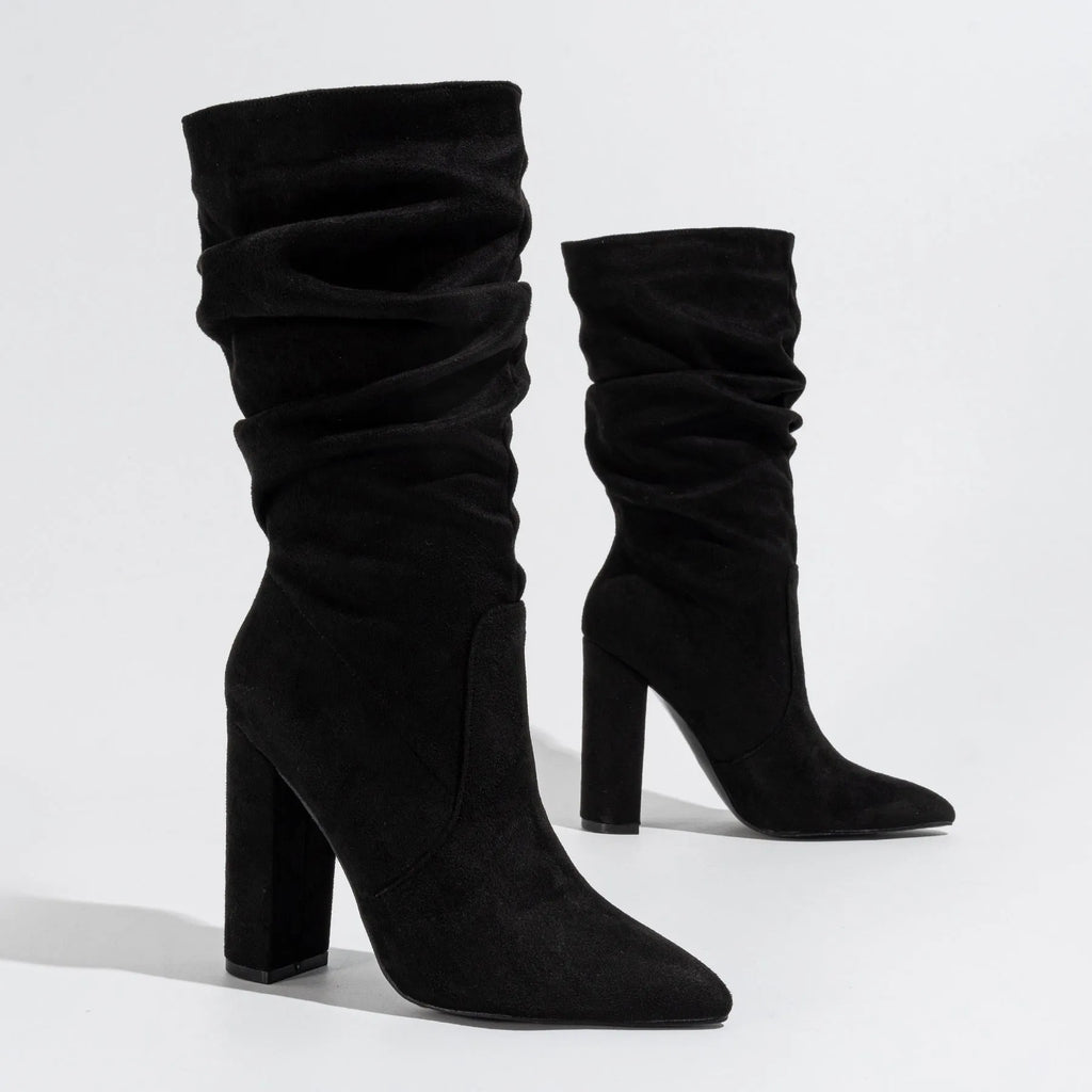 Women's black suede chunky heel pointed-toe boots with mid-calf length and oversleeves design