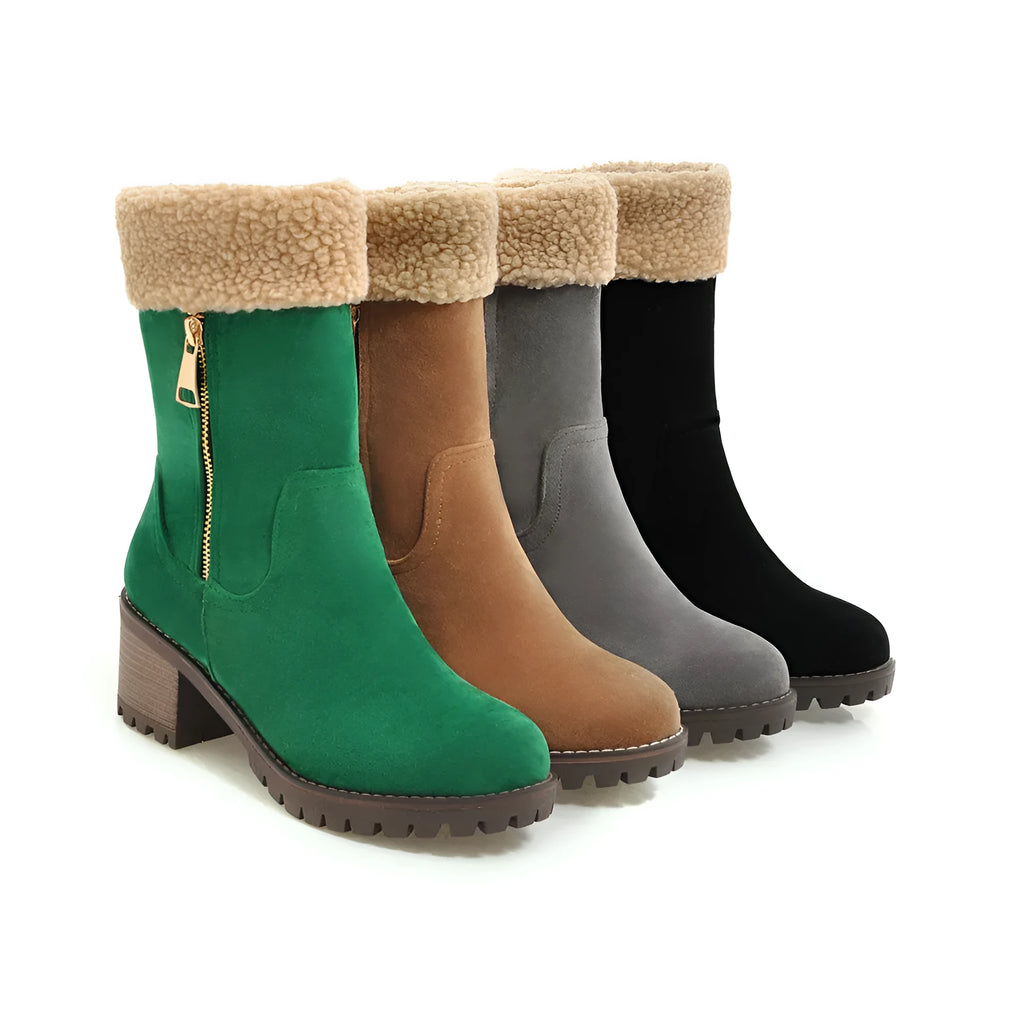 Women's snow boots with plush lining in black, grey, green, and orange colours