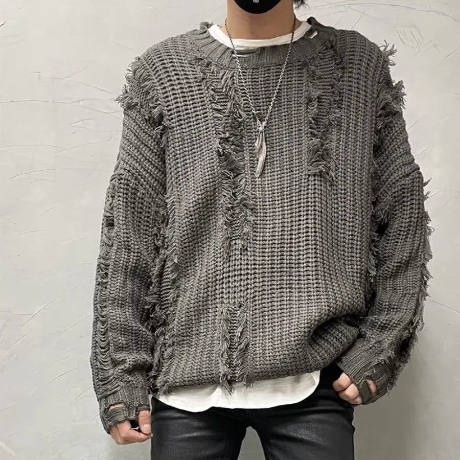 Niche retro tassel ripped design loose knit sweater pullover in black