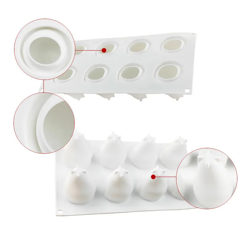 Six-cavity fruit silicone mould with pineapple and pine cone shapes for baking