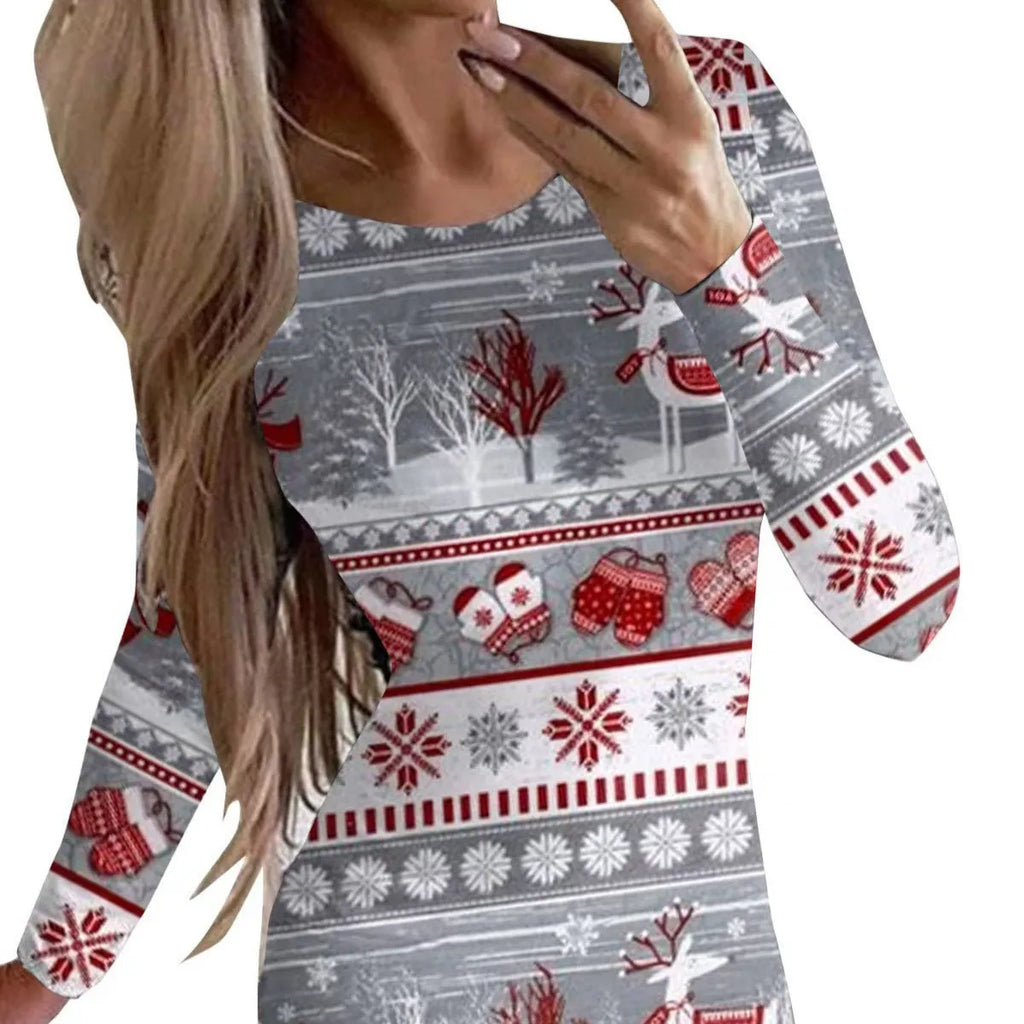 Christmas animal print dress with round neck, long sleeves, and floral pattern in polyester fabric