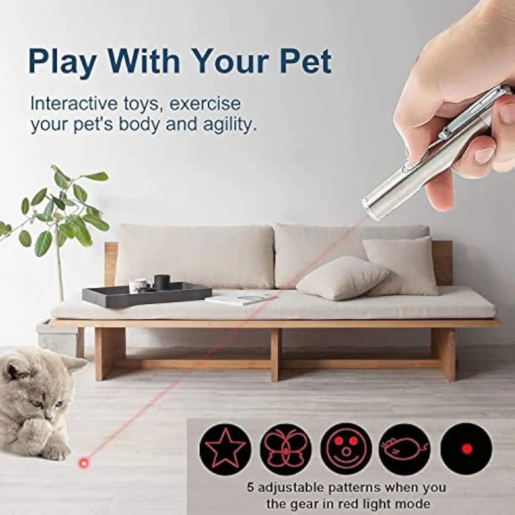 Silver aluminium cat laser pointer toy with USB charging and metal clip