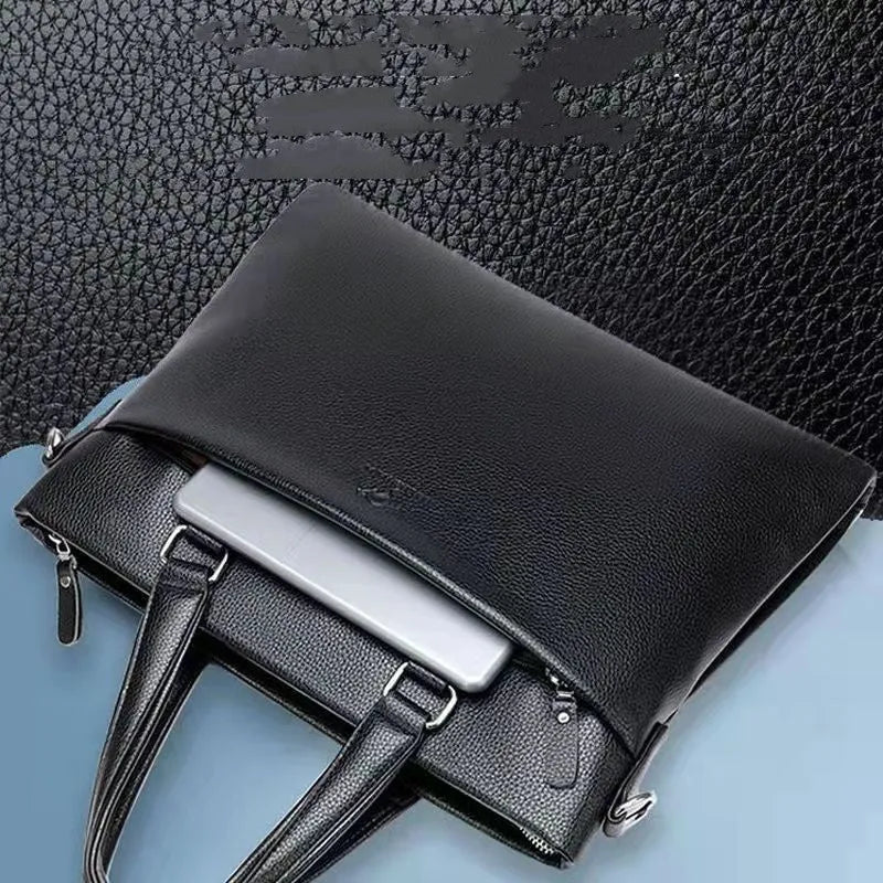 Black PU leather men's messenger shoulder bag with splicing design, 35x30x4cm.