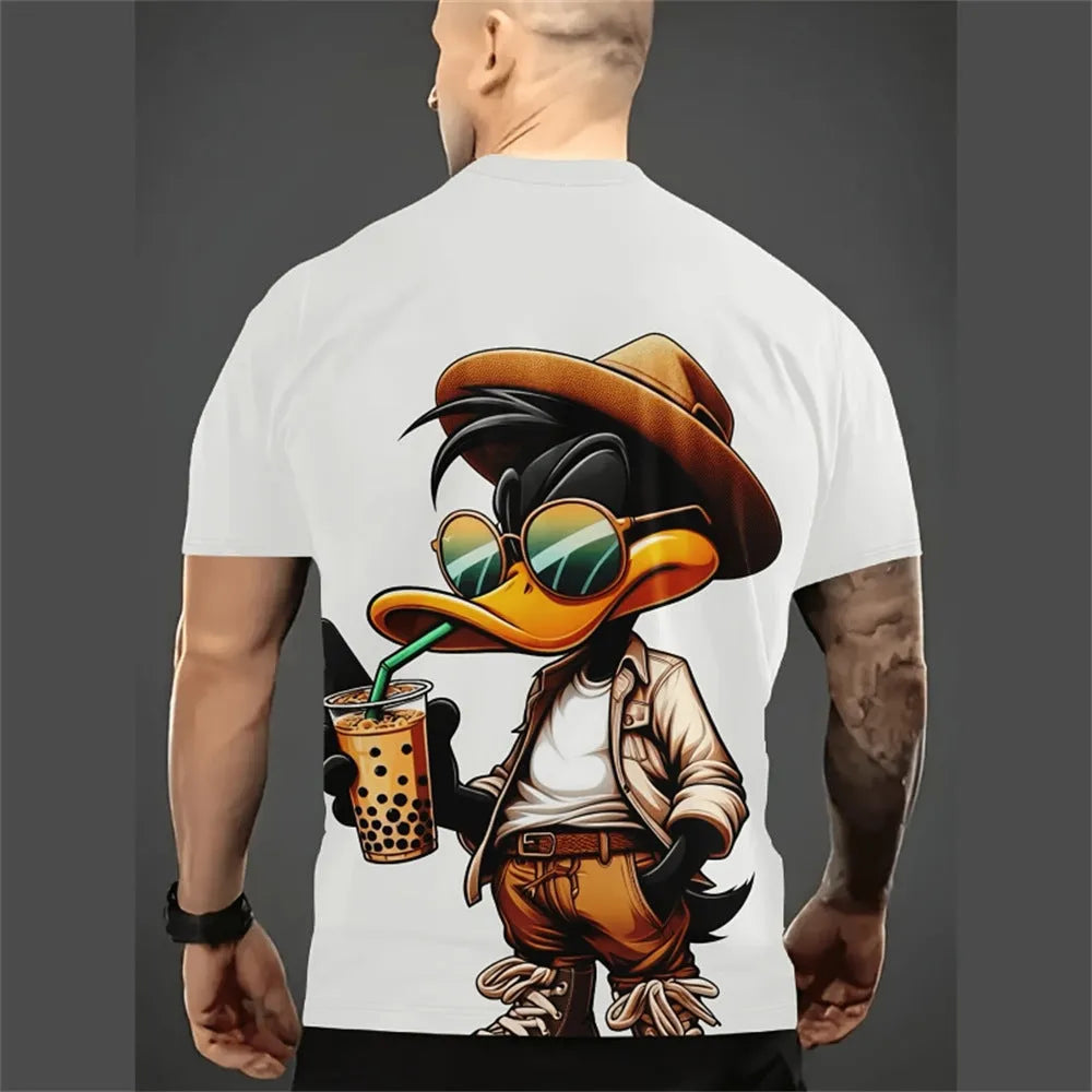 Front view of a men's loose grey T-shirt with a cartoon character 3D print, short sleeves.