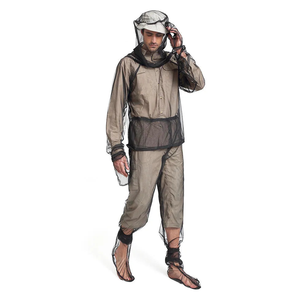 Four-piece mesh anti mosquito suit set with hooded top, pants, and booties for outdoor camping and fishing