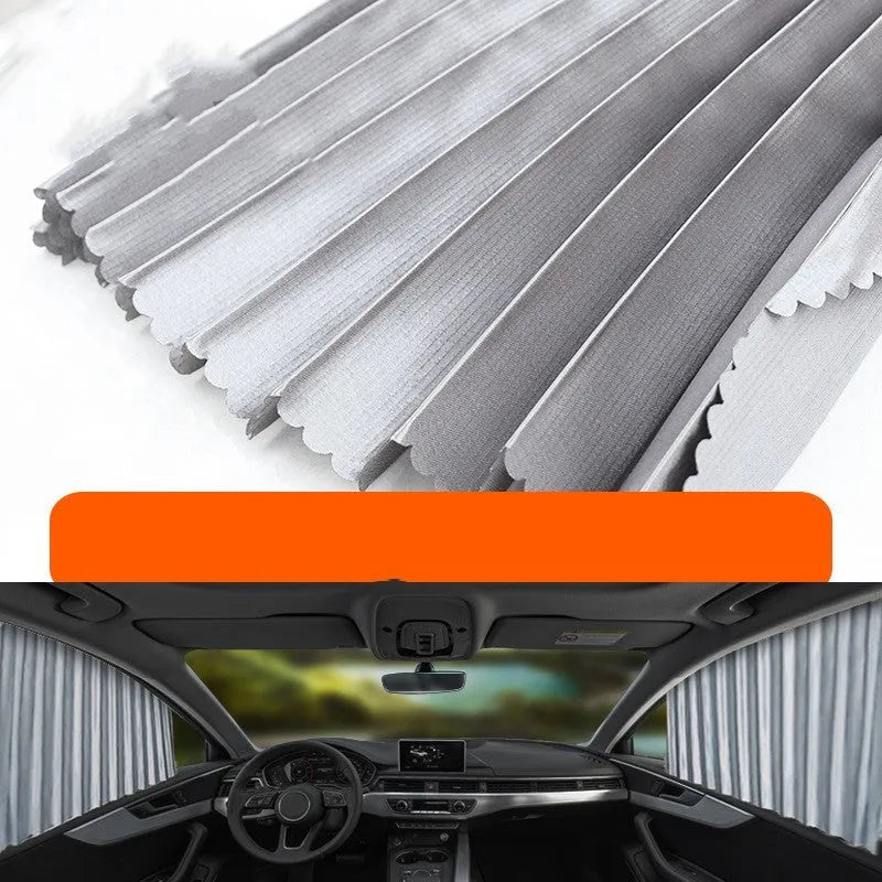 Auto-retractable roller shutter car sunshade curtain in thick opaque cloth.