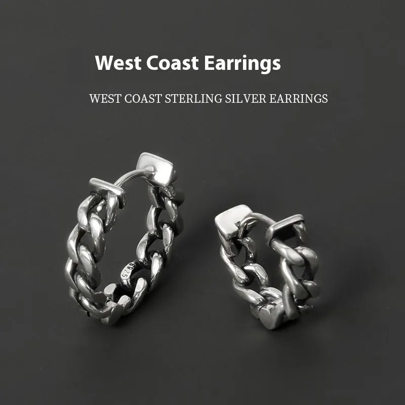 Men's geometric copper stud earrings shown in 10mm and 14mm sizes on a dark background.