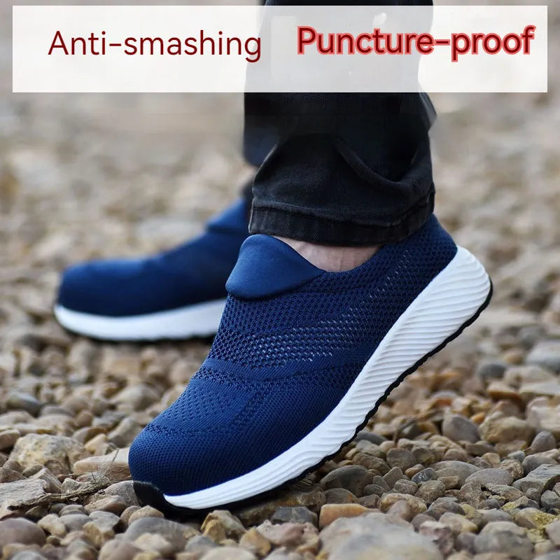 Men's lightweight black mesh work shoes with a low-top design and steel toe cap.