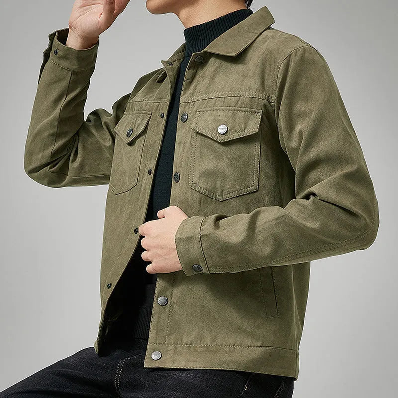 Men's casual brushed suede slim fit jacket in khaki, with shirt sleeves and topstitching slit pockets