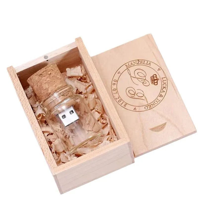 Wooden wish bottle USB flash drive with transparent design showing coloured beads inside