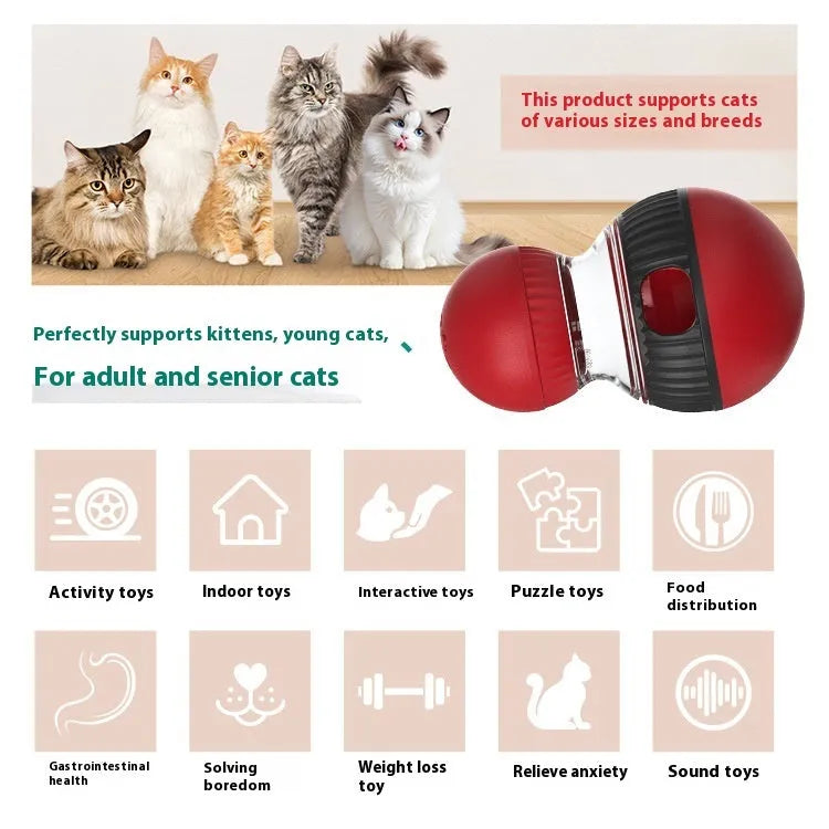 Rotating plastic cat toy with funny sounds and food dropping function, super ball colour, 155mm size