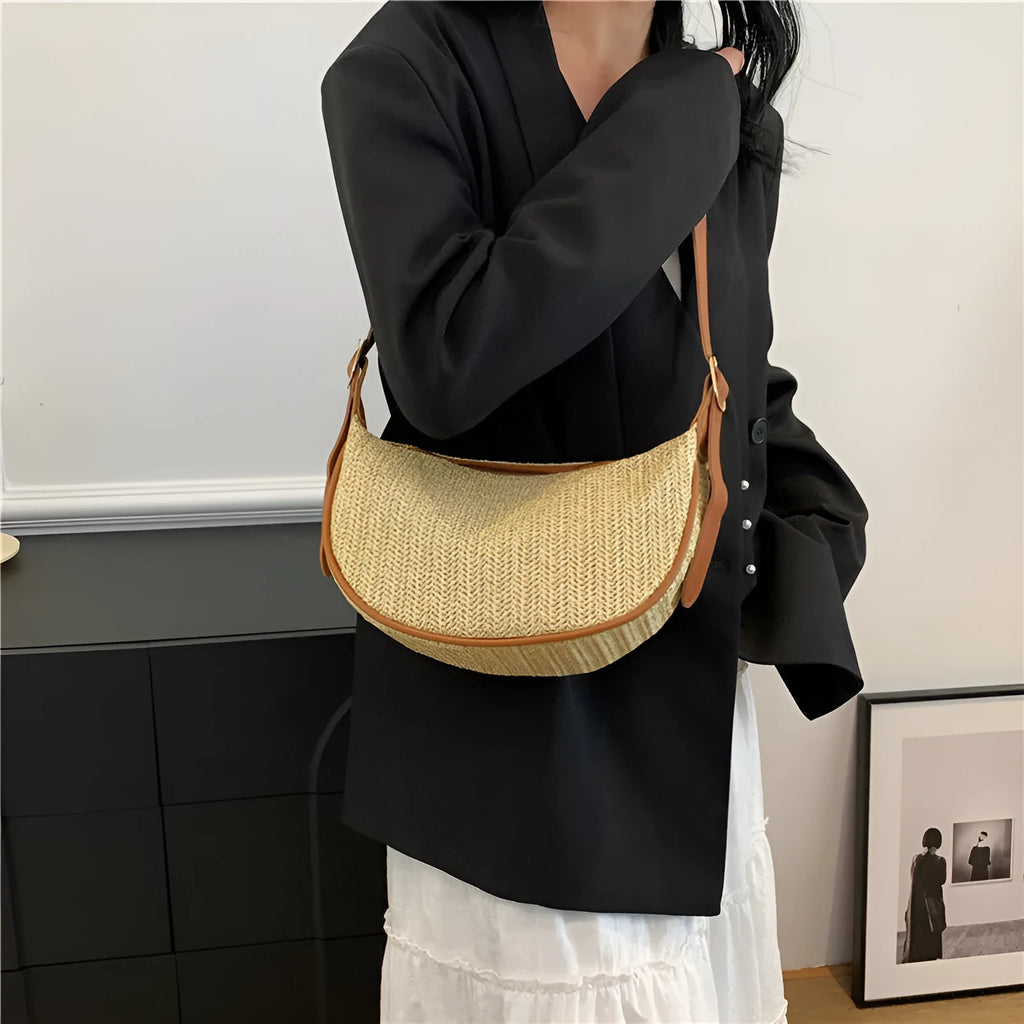 Women's portable knitted straw woven crossbody bag with single strap in corrugated black texture