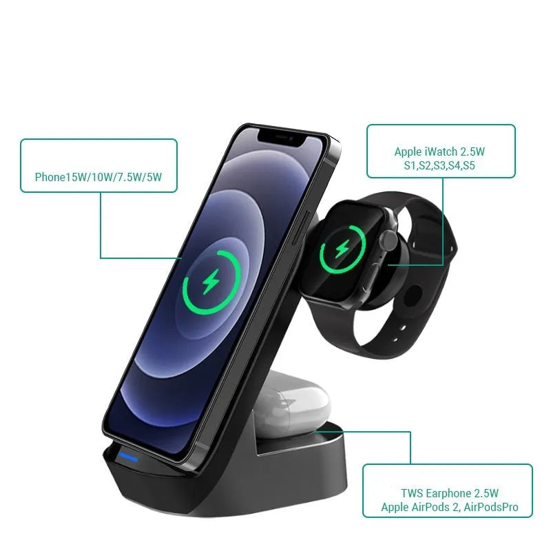 Black grey foldable 3-in-1 wireless charging vertical stand for mobile phone, Apple Watch, and earbuds.