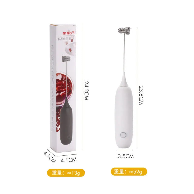 Handheld electric milk frother blender in black and white colours with frothing whisk