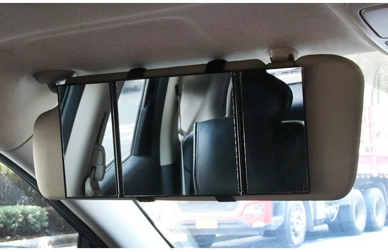 Silver car folding makeup mirror shown open and closed, model SD-2408