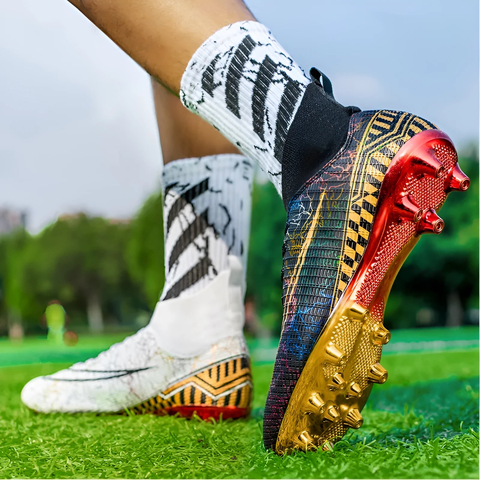 Men's high-top football training shoes with a gold plated bottom on a synthetic leather and PVC sole.